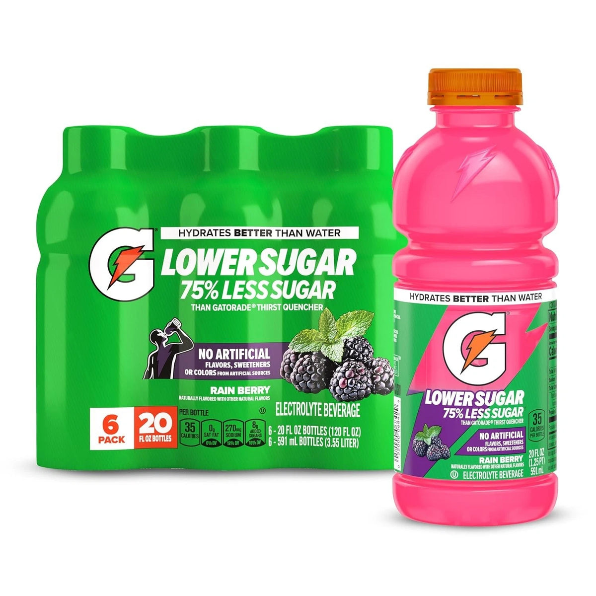 Gatorade Lower Sugar Electrolyte 20 Fl Oz (Pack of 6), Rain Berry Free Shipping