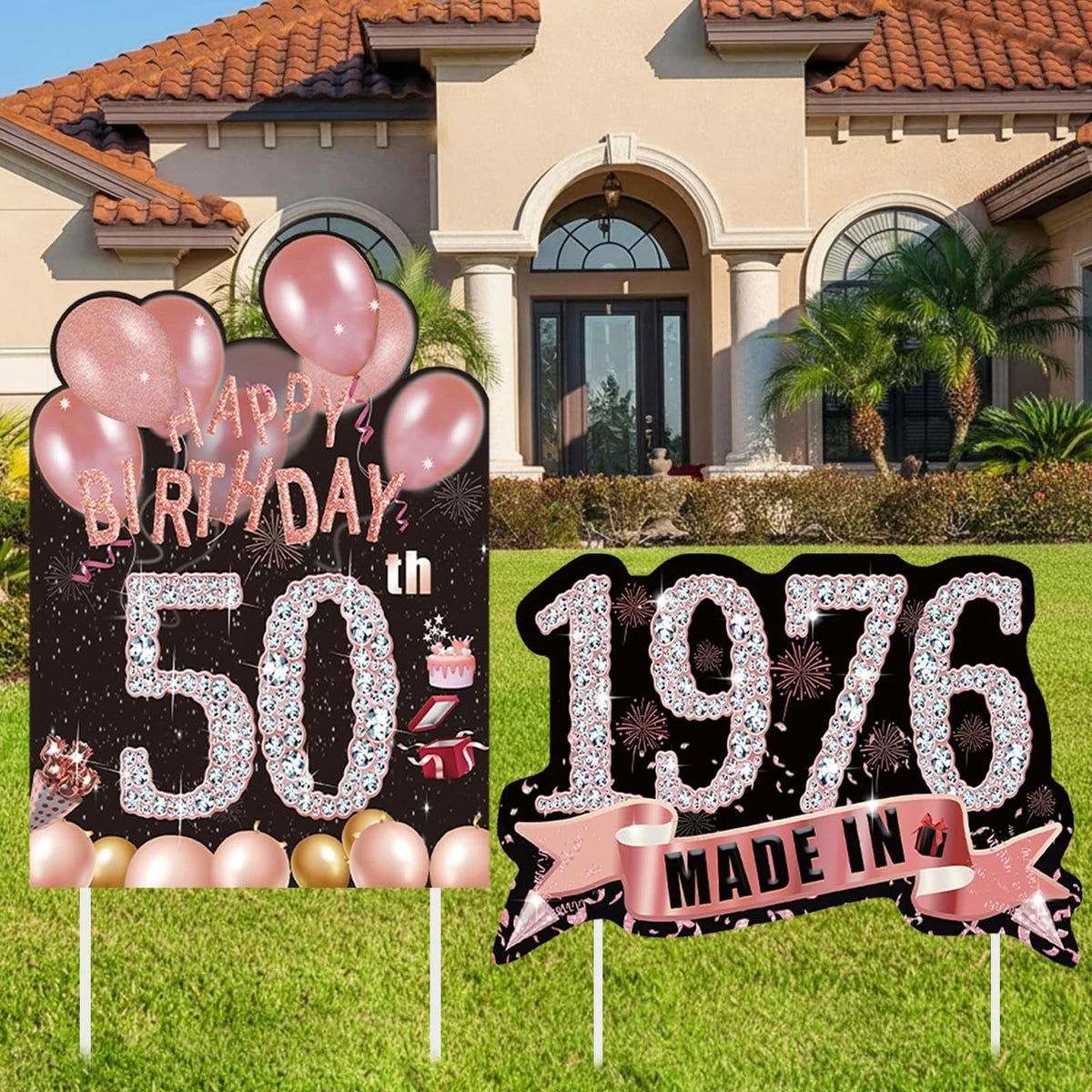 2Pcs Birthday Yard Signs 50th Birthday Decorations for Women Rose Gold Happy 50