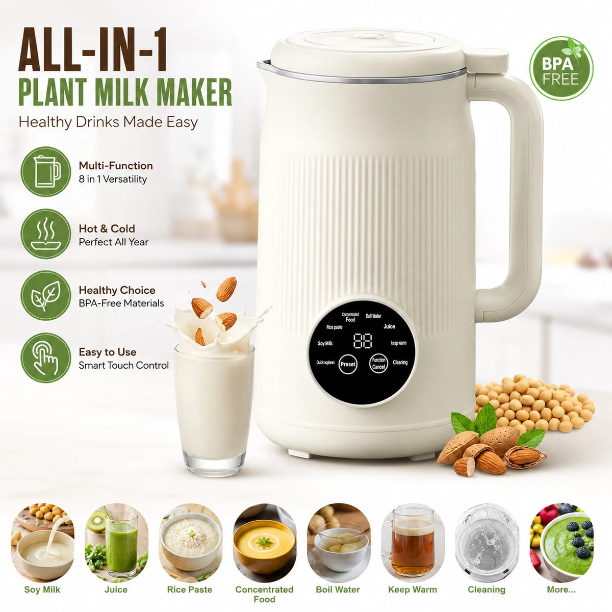 8-In-1 Nut Milk Maker 50oz Almond Soy Oat Milk Machine 12-Blade Auto Clean Warm