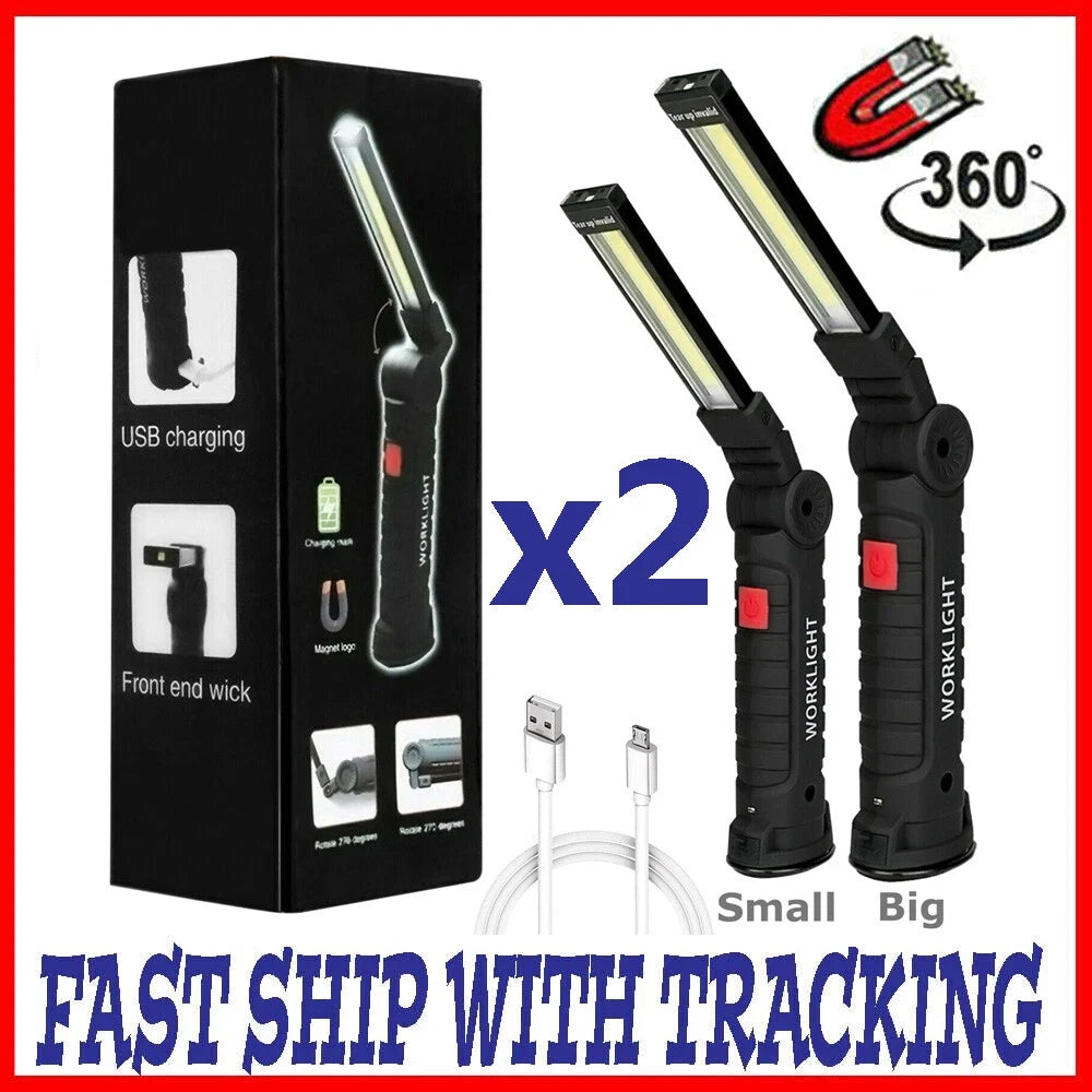 2 Pack Magnetic Base LED COB Work Light Rechargeable Mechanic Torch Flashlight