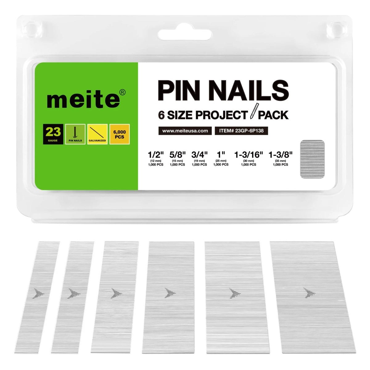 meite 23 Gauge Pin Nails, Assorted 6 Sizes (1/2