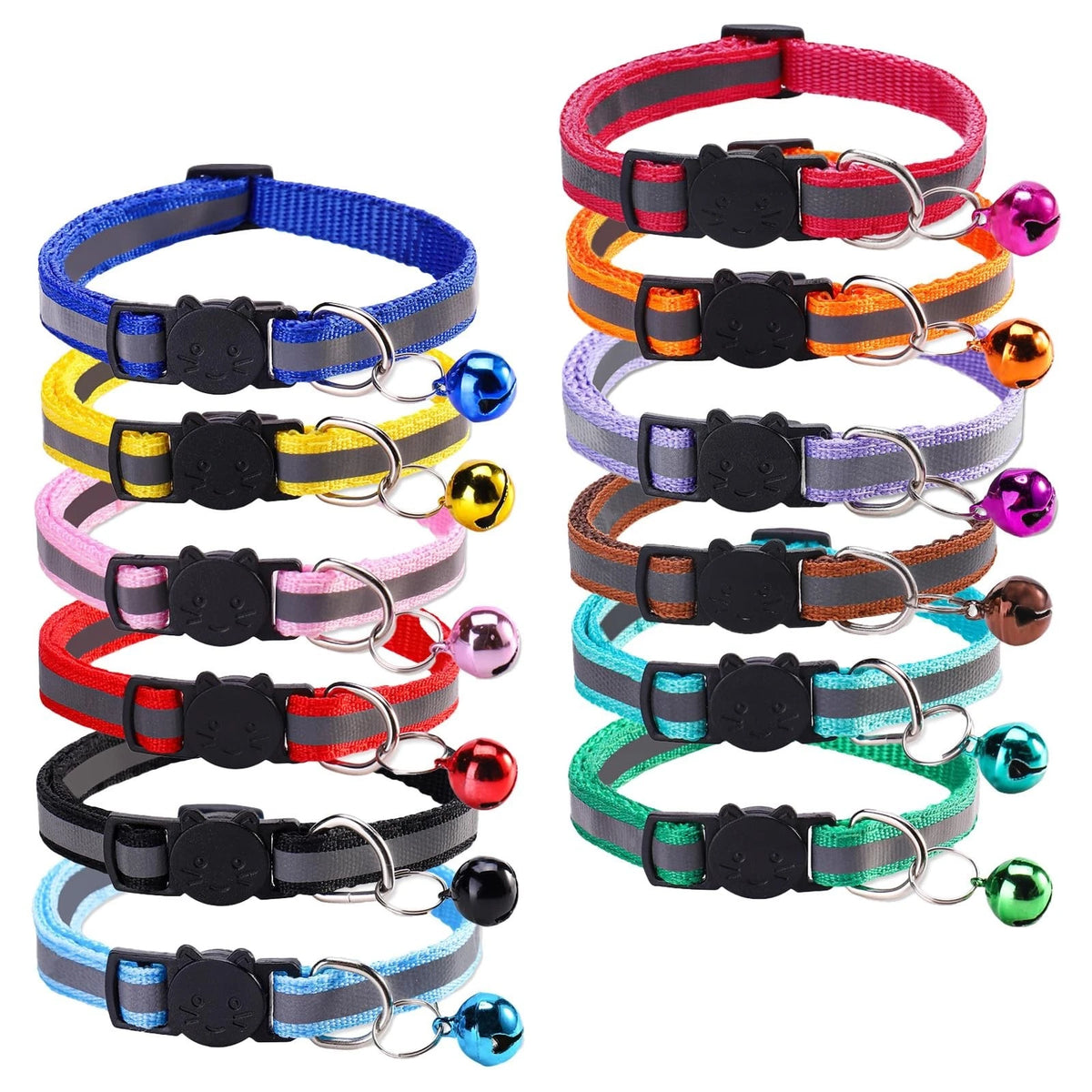 12 Pcs Reflective Breakaway Cat Collars with Bells Adjustable Buckle Kitten ..