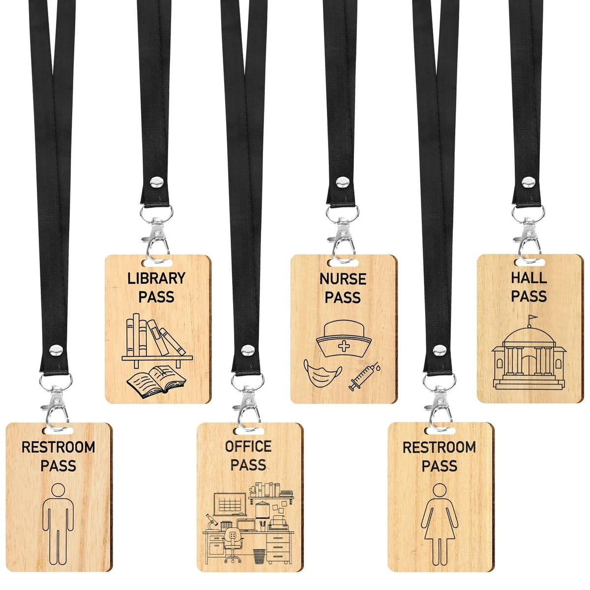 6 Pcs Hall Pass Lanyard and School Pass Set, Wooden Bathroom Passes for Classroo