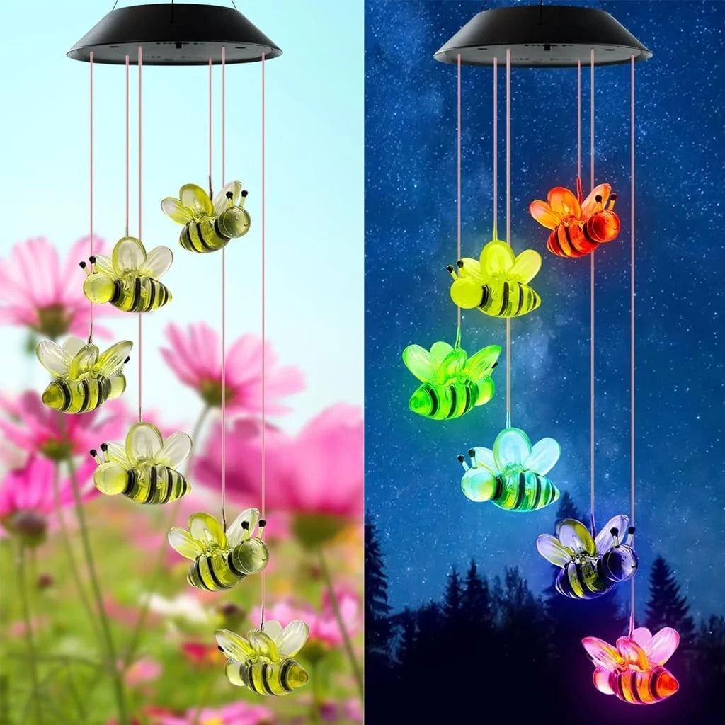 Bee Solar Wind Chime, Outdoor Waterproof LED Color Changing Wind Chime, Hanging
