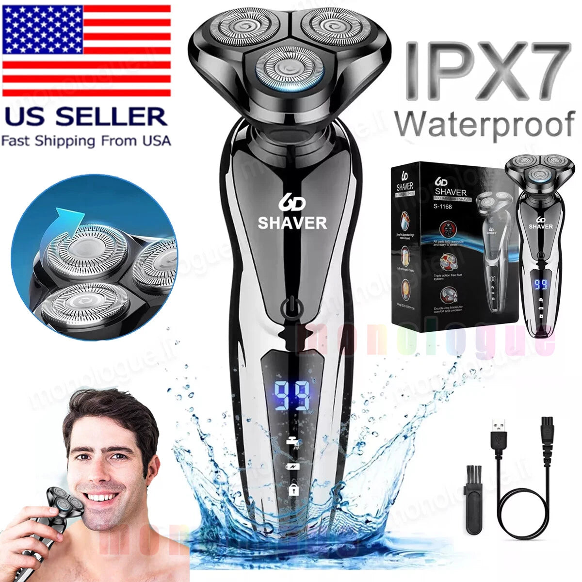 Electric Wet/Dry Razor Men USB Rechargeable Rotary Shaver Beard Trimmer Shaving