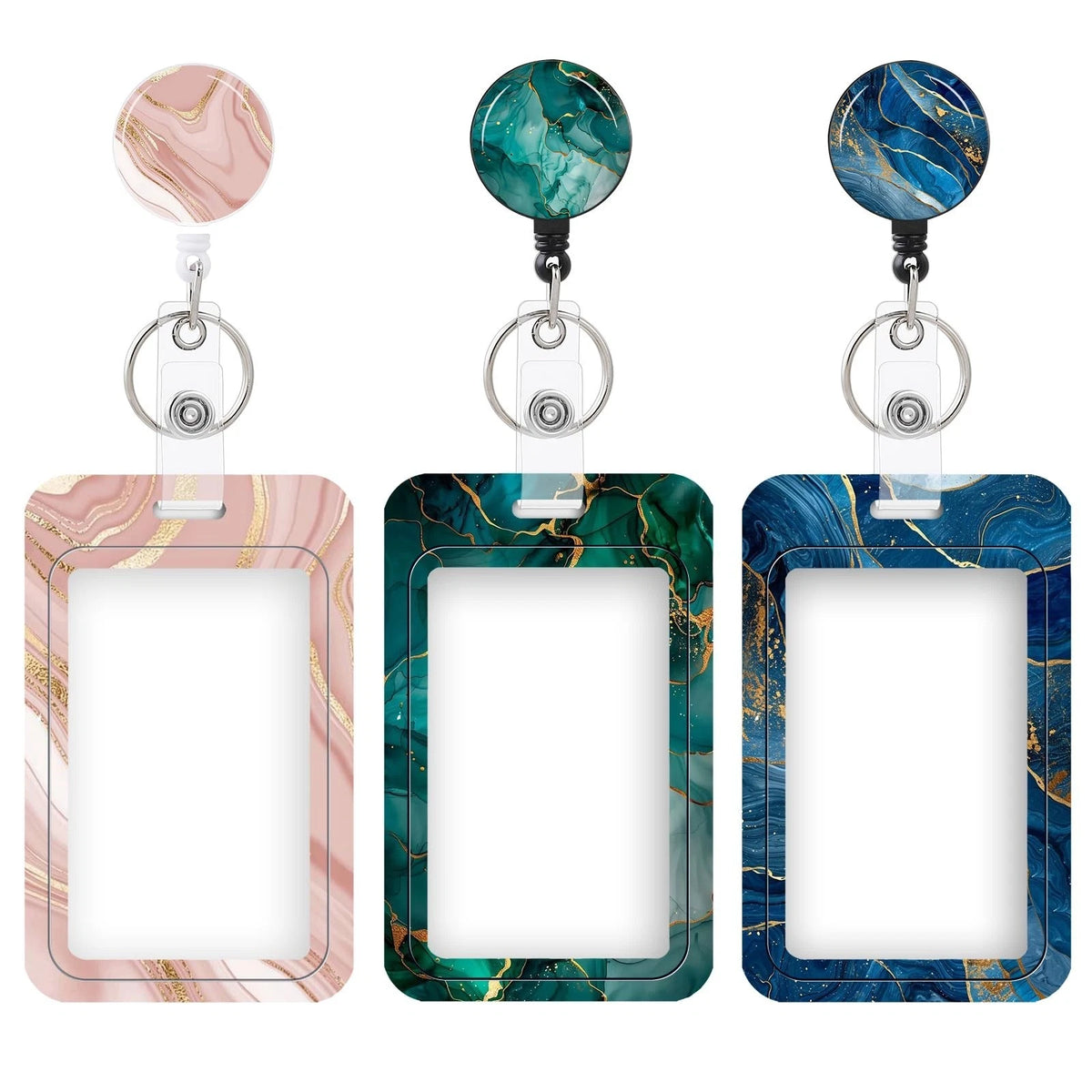 3 Set Heavy Duty Badge Holder with Retractable Reel, Marble Retractable ID Badge