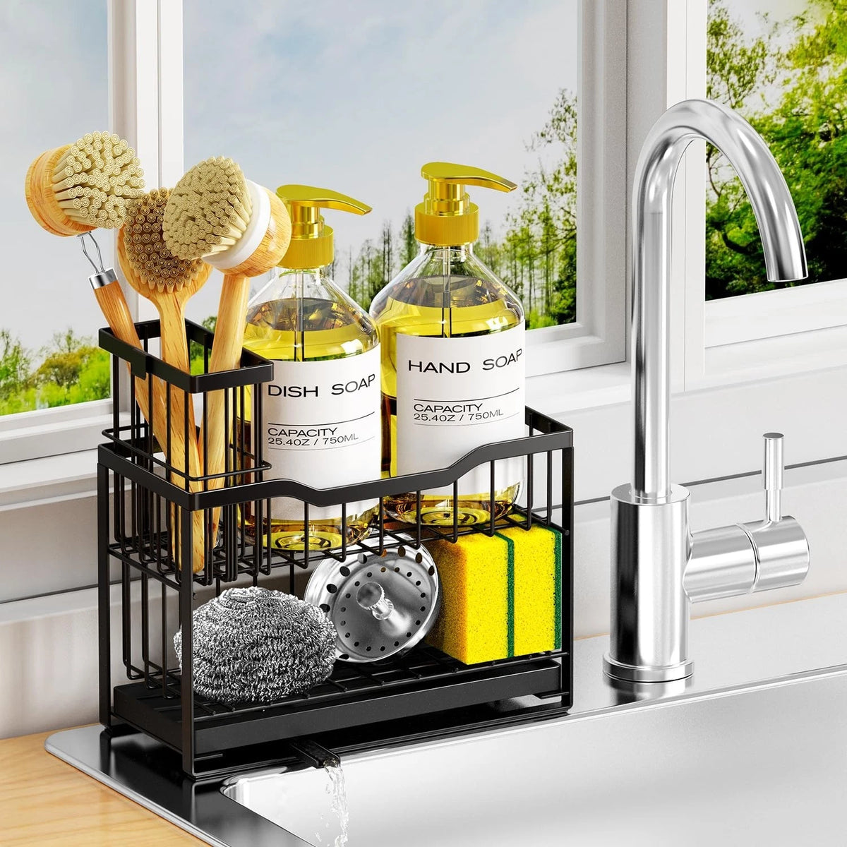 DYFVPOU 2-Tier Rustproof Kitchen Sink Caddy with Self-Draining Tray, Dish Bru...