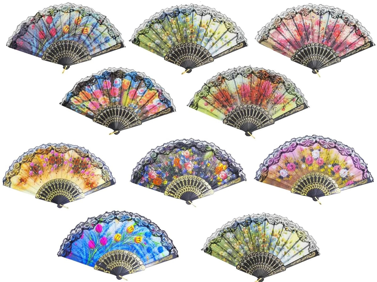 10 Pack Vintage Spanish Floral Folding Hand Fan Sequin Fabric Folding Handheld H