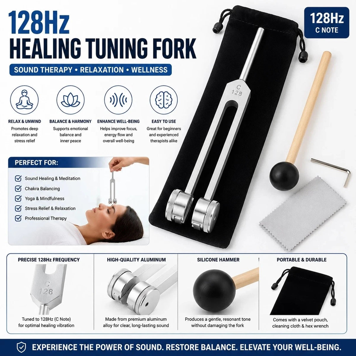128Hz Healing Tuning Fork With Silicone Hammer Sound Therapy Musical Instrument