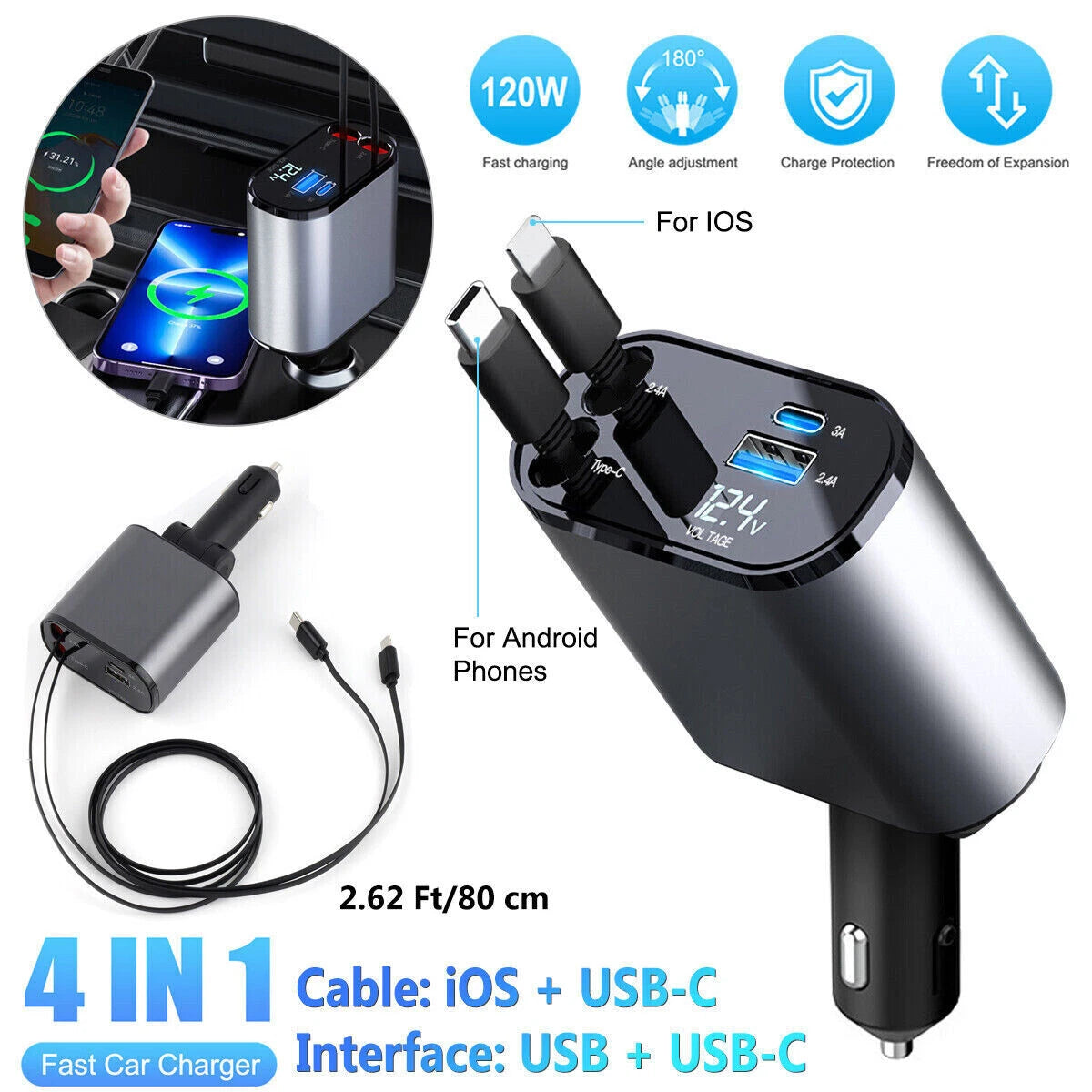 Retractable Car Charger 4in1 Fast Car Phone 16 Charger 120W USB Type C Cable lot
