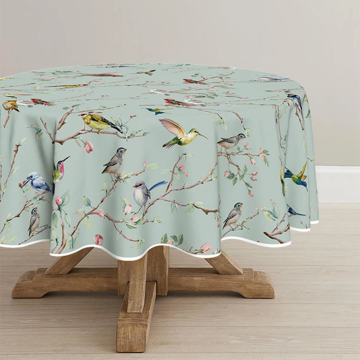 Horaldaily Spring Tablecloth 70×70 Inch Round, Birds Branch Green Floral Washabl