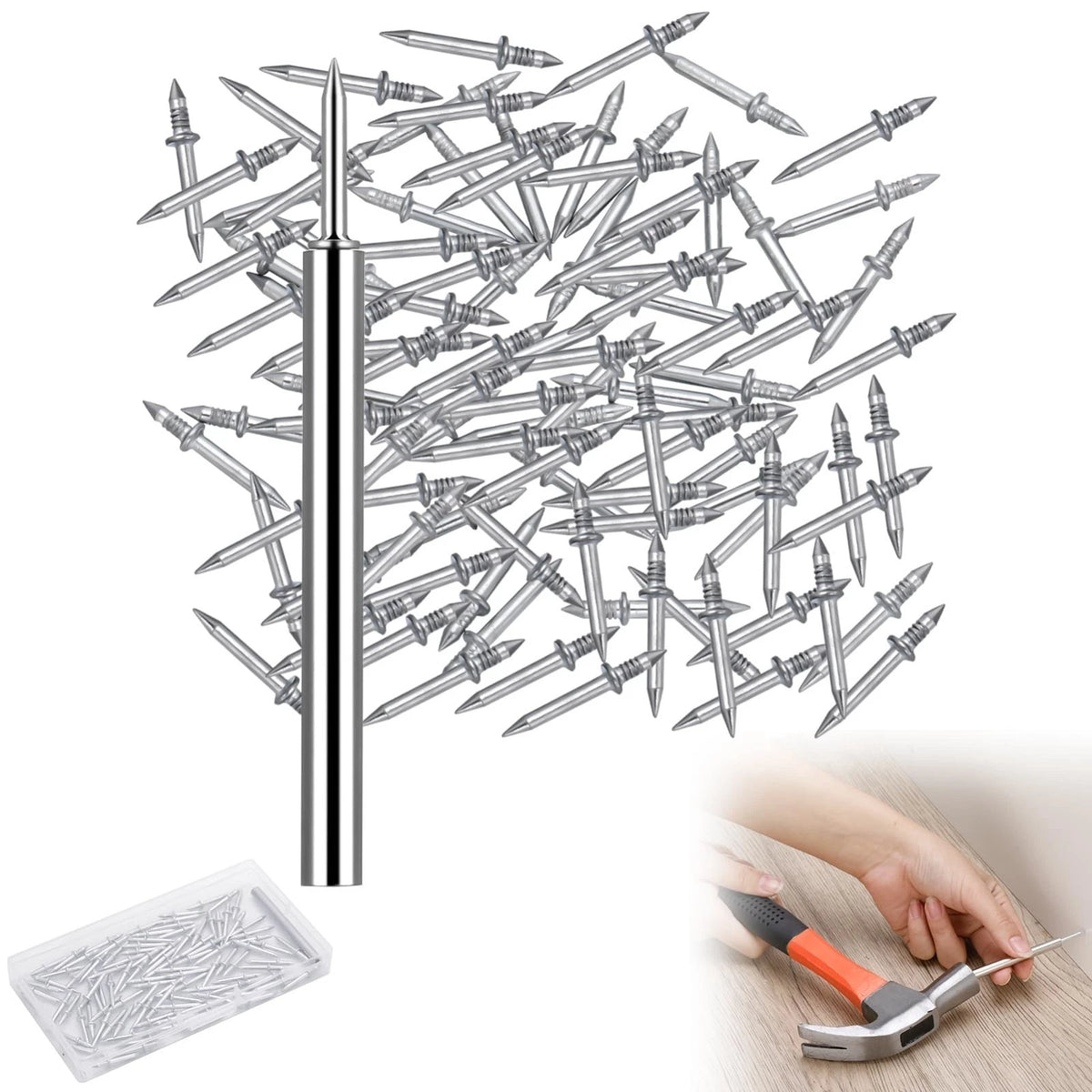100 Pcs Double-Head Seamless Skirting Nails with Specific Sleeve Tool