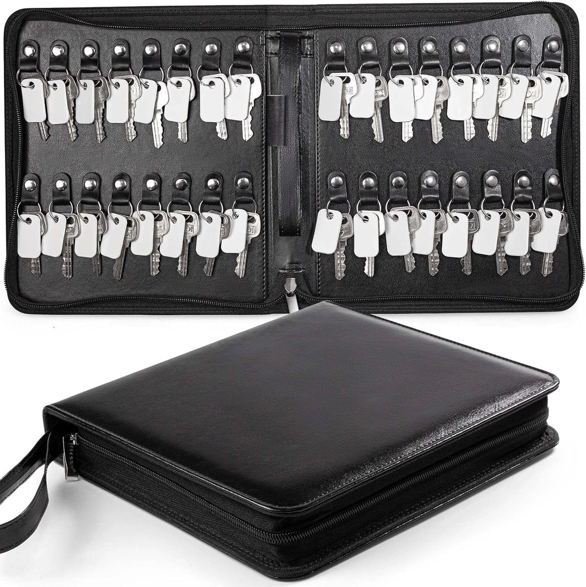 Tutata Portable Zippered Key Case, Leather Key Organizer with Handle, 32 Key Cap