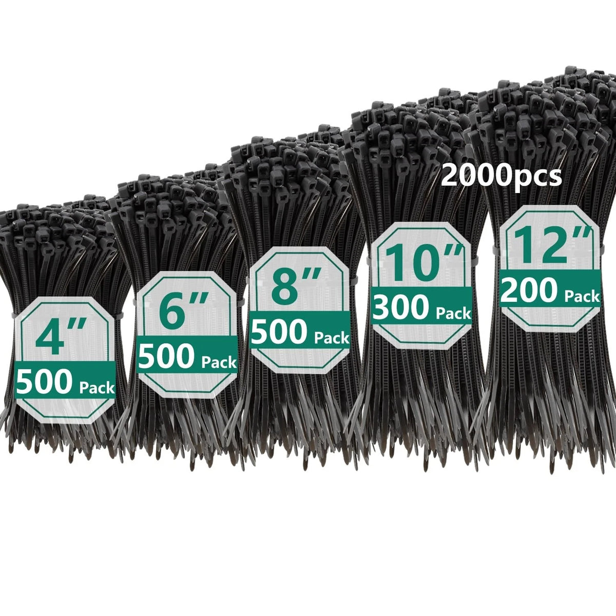 2000PCS Zip Ties Assorted 4 6 8 10 12 Inch Self Locking Cable Ties Black Bundle