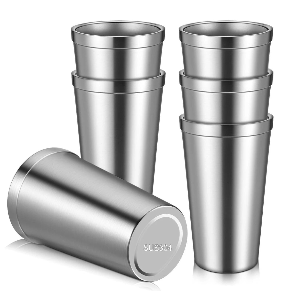 6 Pack Stainless Steel Cup 16 oz, Stackable Double Wall Vacuum Insulated Meta...