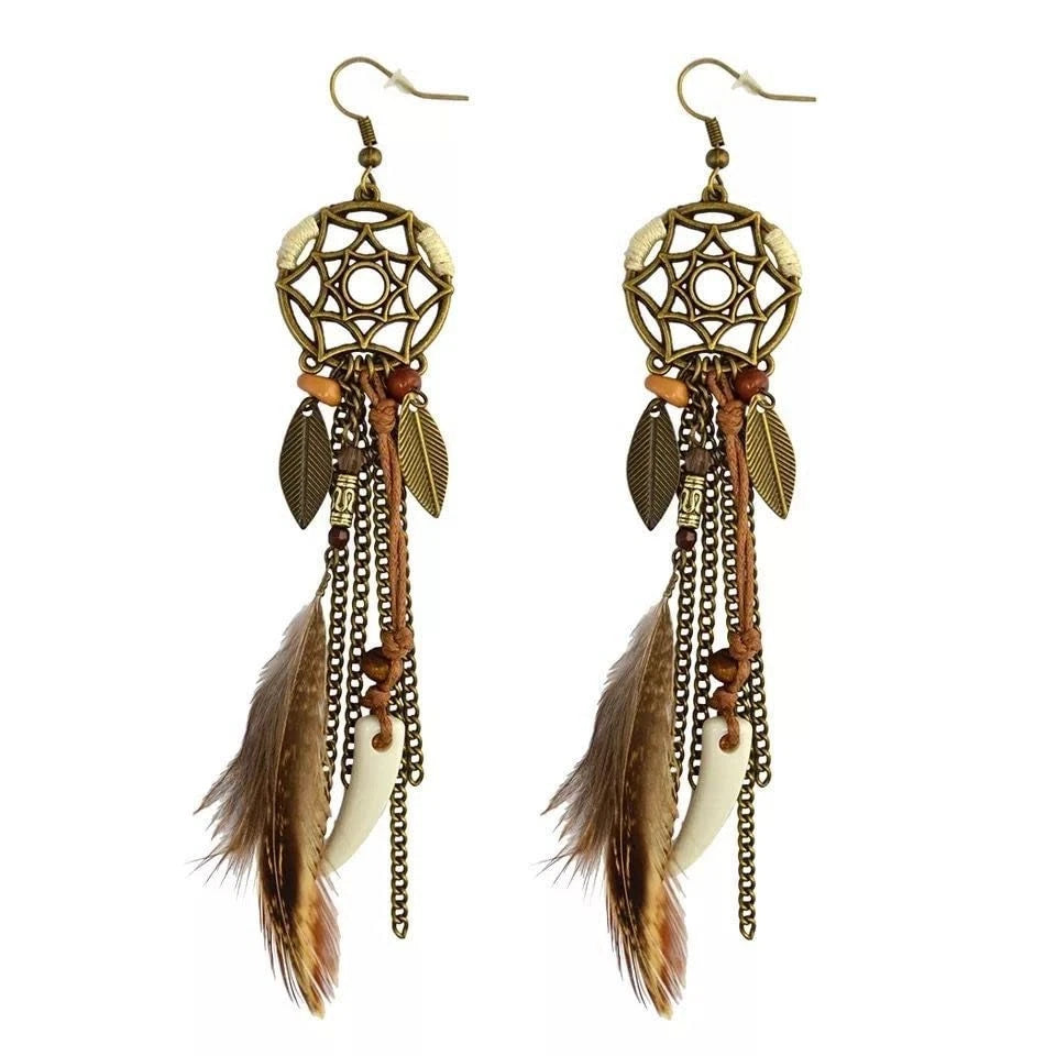 Brown Dream Catcher Feather Earrings Vintage Bohemian Ethnic Dangle Earrings for