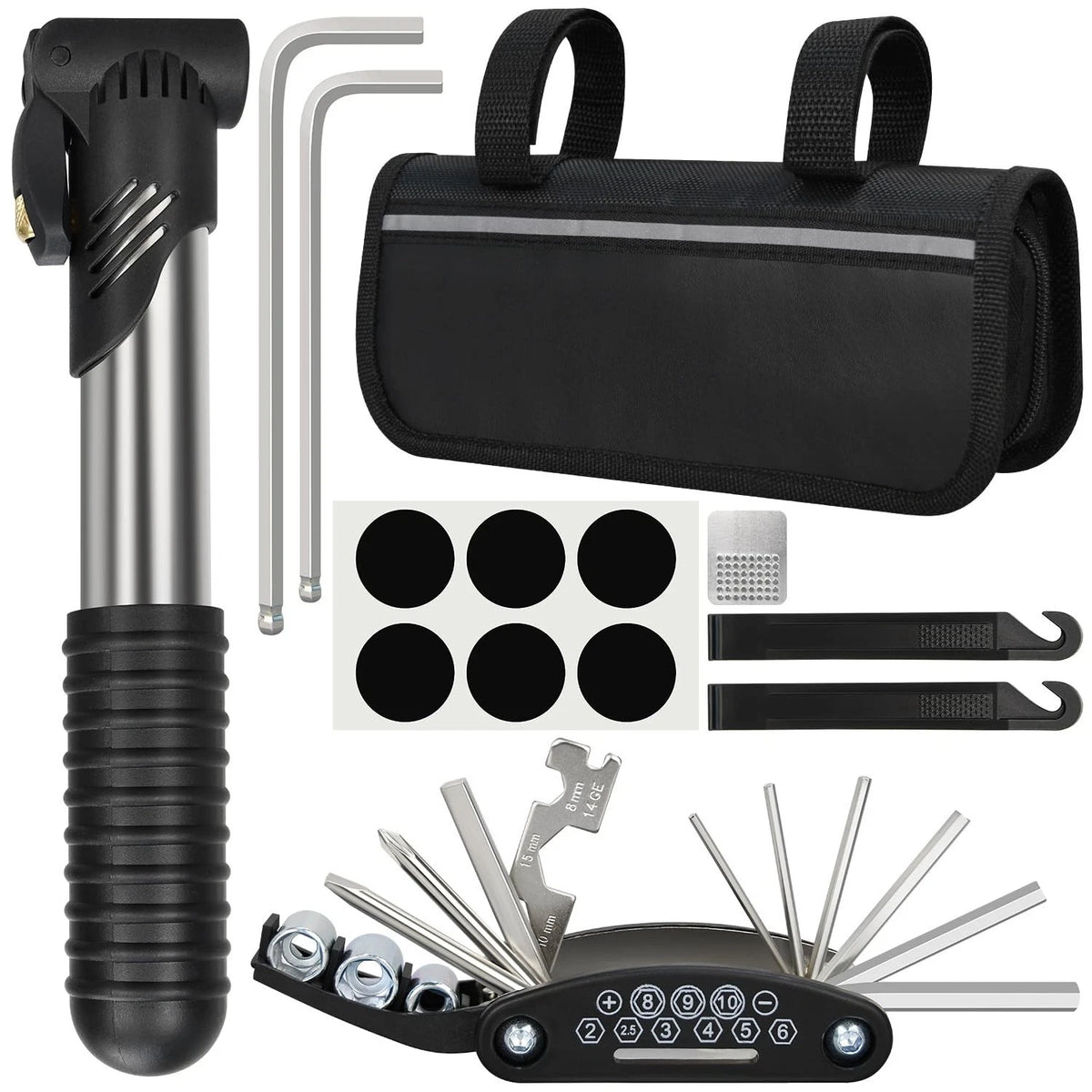 Bike Repair Kit, Bicycle Repair Bag with Tire Pump, Bike Tool Kit for Camping Tr
