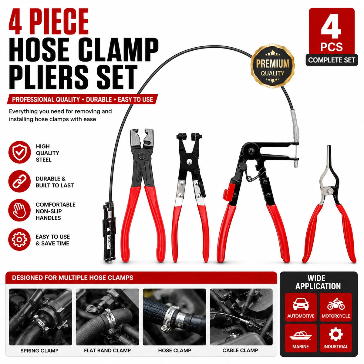 4PCS Hose Clamp Pliers Set Long Reach Swivel Jaw Radiator Fuel Line Removal Tool