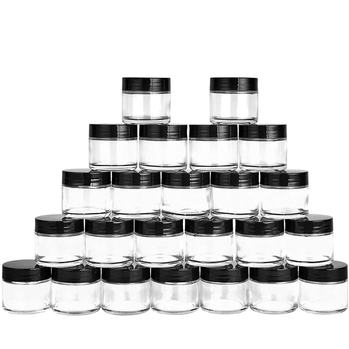 24 Pack 2 Oz round Clear Glass Cosmetic Jars with Inner Liners and Black Lids, T