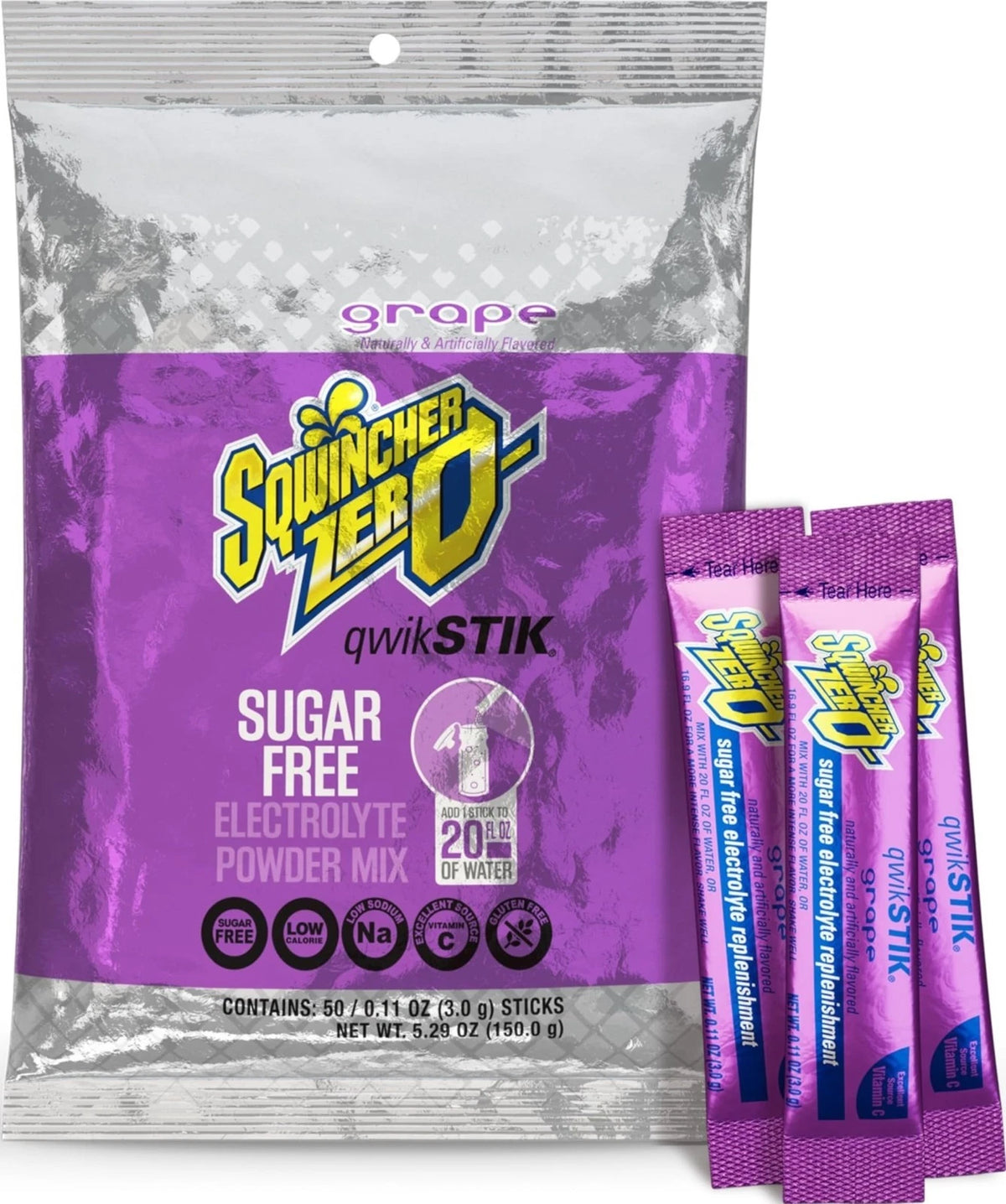 Sqwincher Zero Qwik Stik, Grape, Sugar Free, 0.11 Ounce (Pack of 50), Grape