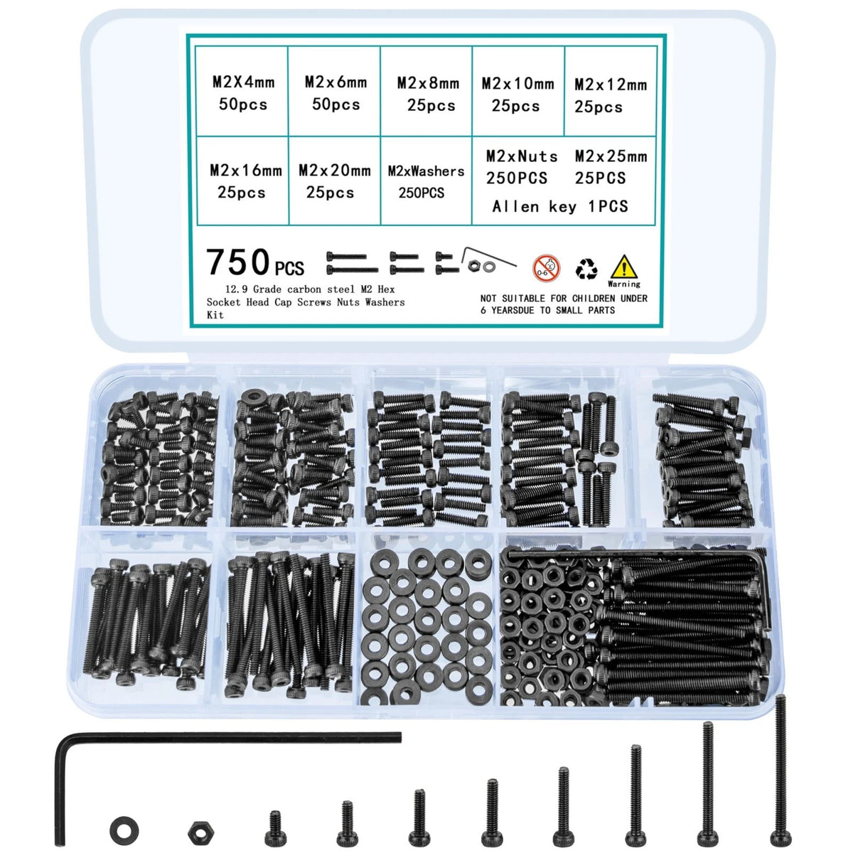 750 Pcs M2 Screws Bolts and Nuts Assortment Kit Small Hex Socket Head Cap.......
