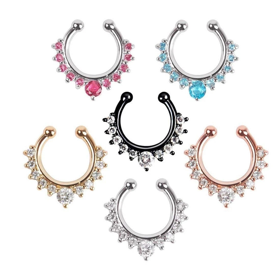 XUKEKOY 6pcs Fake Septum Clicker Nose Ring Rhinestone Non Piercing Hanger Cli...