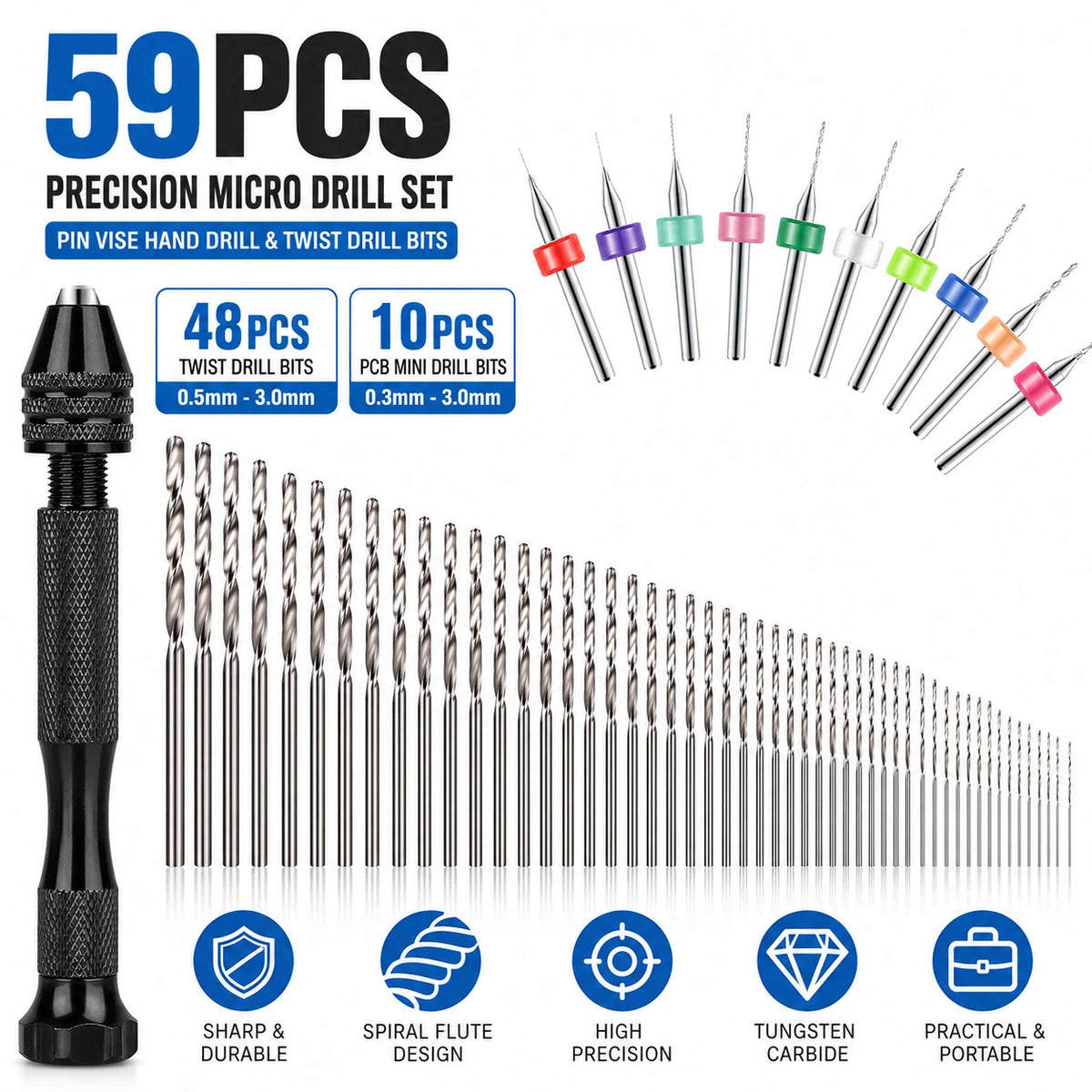 59 PCS Mini Micro Hand Twist Drill Bits Set Rotary Precision Pin Vise Tools Kit
