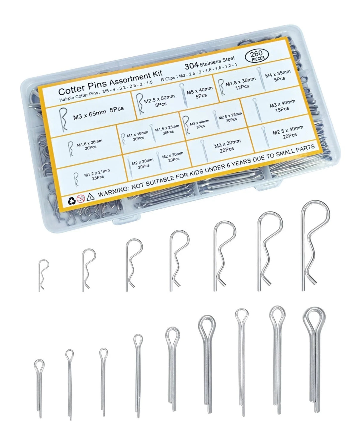260 Pcs Cotter Pins Assortment Kit 16 Sizes Hardware Pins Set 304 Stainless ...