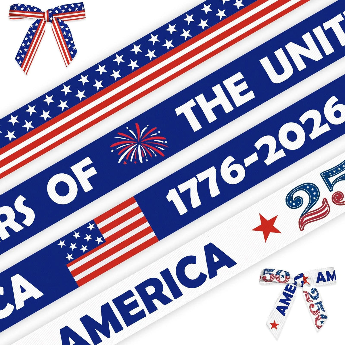 4 Rolls USA 250th Ribbon 20 Yards 1776-2026 Patriotic Grosgrain Craft Decor