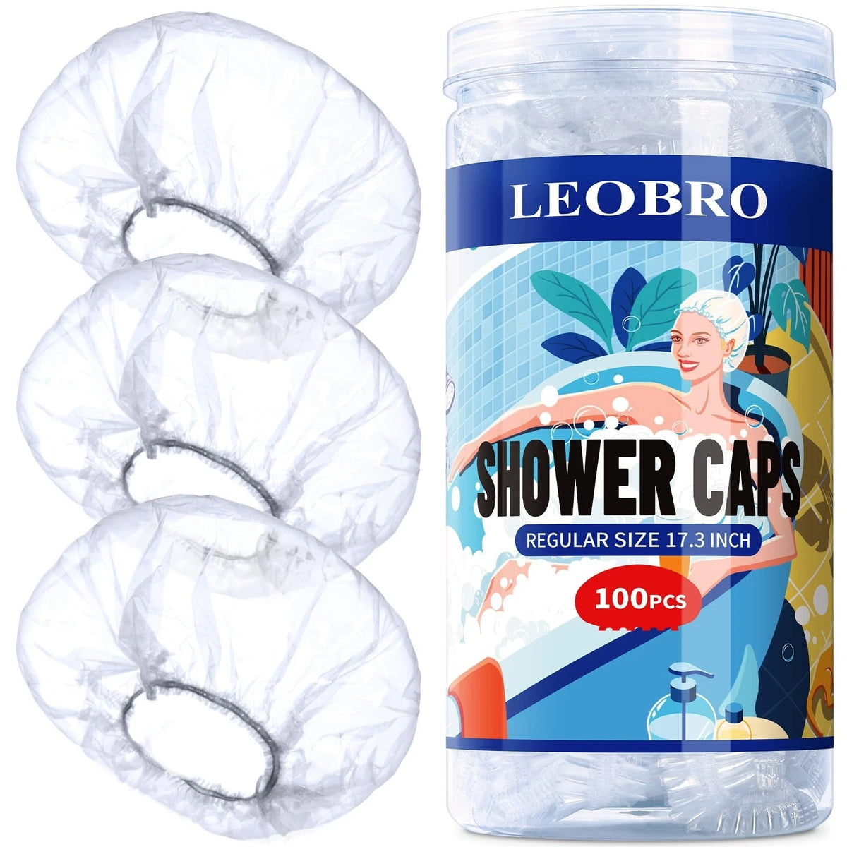 LEOBRO Disposable Shower Caps 100 Pack | Clear Plastic Hair Caps 17.3 Inch