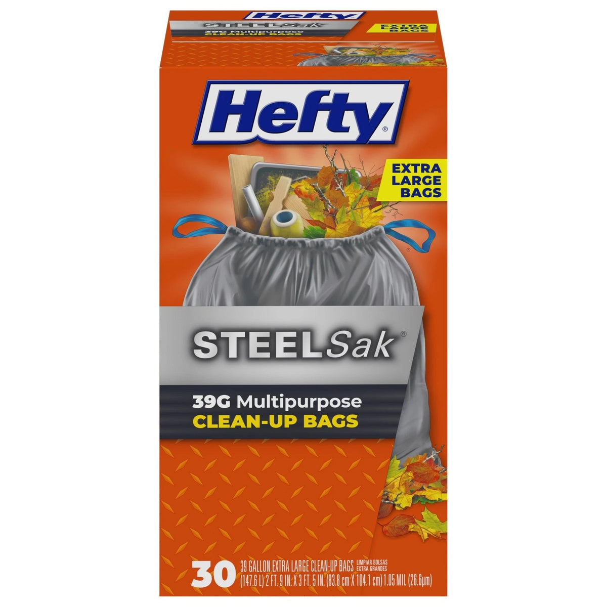Steelsak Heavy Duty Large Trash Bags, Gray, Unscented, 39 Gallon, 30 Count