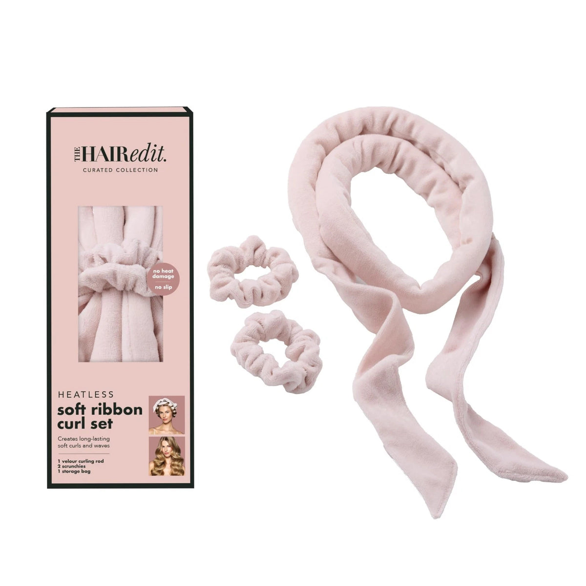The Hair Edit Heatless Soft Ribbon Curl Set Heatless Curling Rod with 2 Velour S