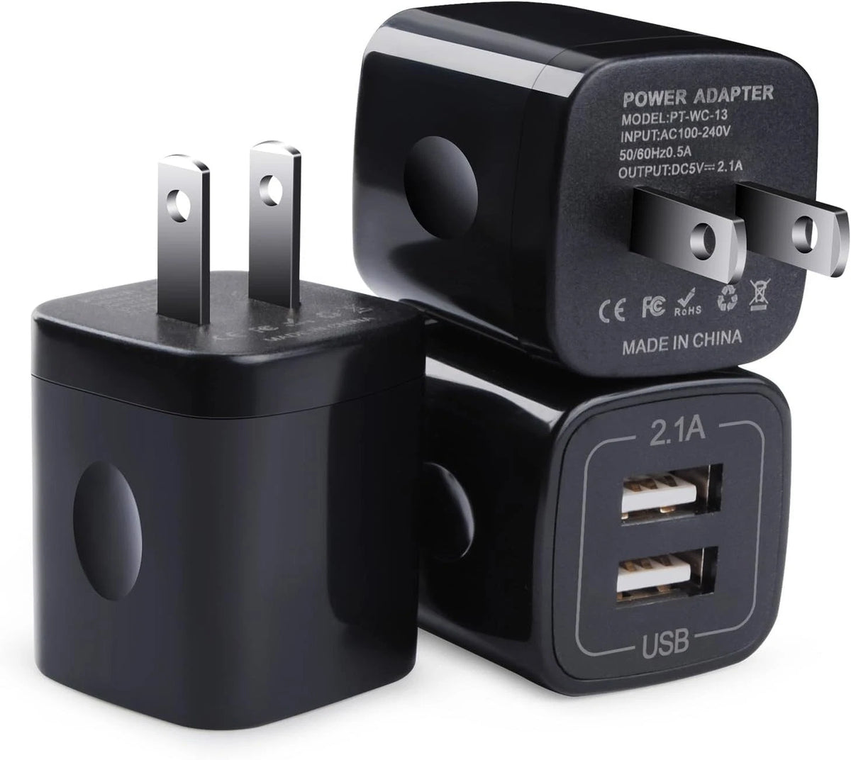 USB Wall Charger Box, 3Pack 2.1A Dual USB Charging Block Brick Cube Power Ada