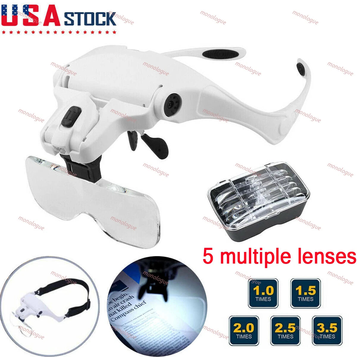 Magnifying Glass LED Light Head Loupe Jeweler Watch Bright Magnifier with 5 Lens