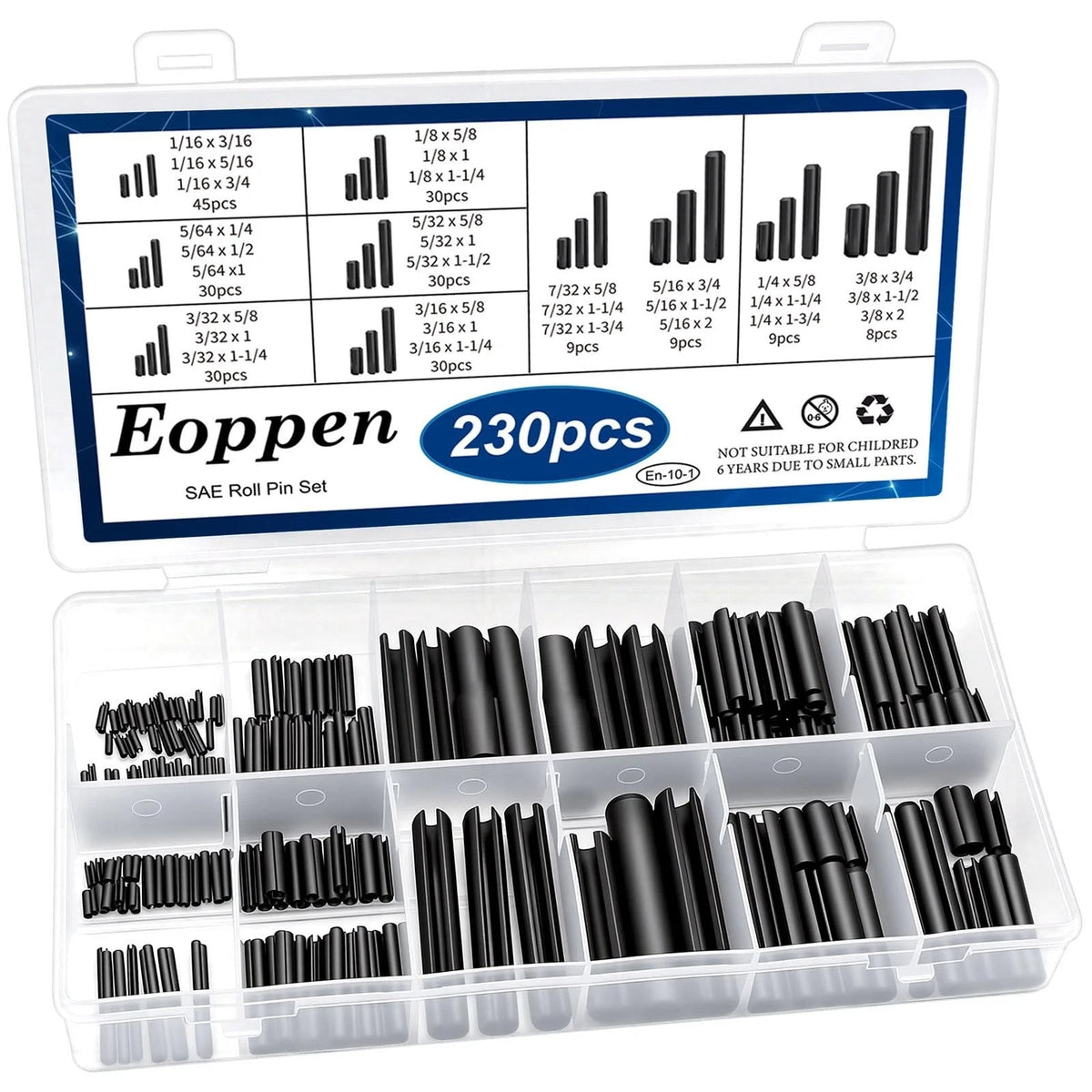 230Pcs SAE Roll Pin Assortment Set Slotted Spring Pins Split Expansion Steel New