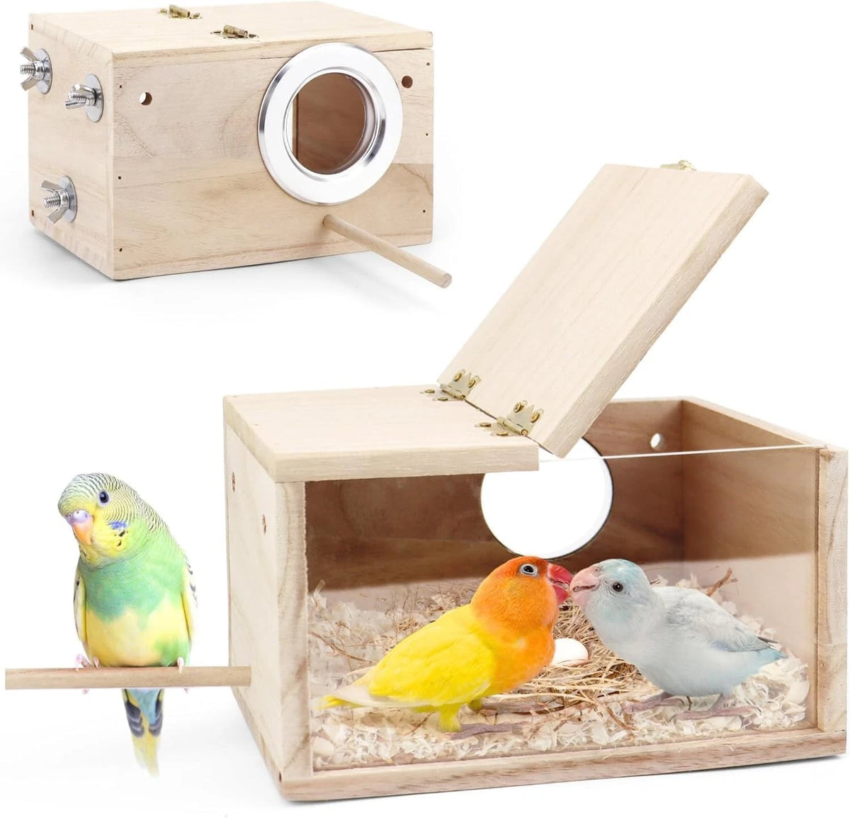 Parakeet Nesting Box - Visual Wooden Bird Nest Breeding Box - Bird Cage House wi