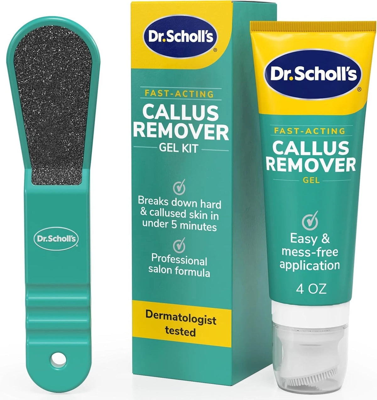 Dr. Scholl's Fast Acting Callus Remover Gel Kit, 4 Ounce + 1 Foot File, Green