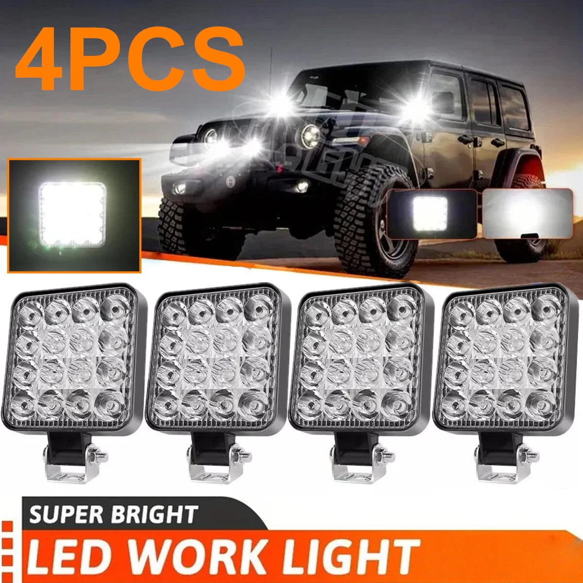 4PCS Square LED Bright Light Pods Spot Lights For Truck Off Road 4X4 Tractor 12V