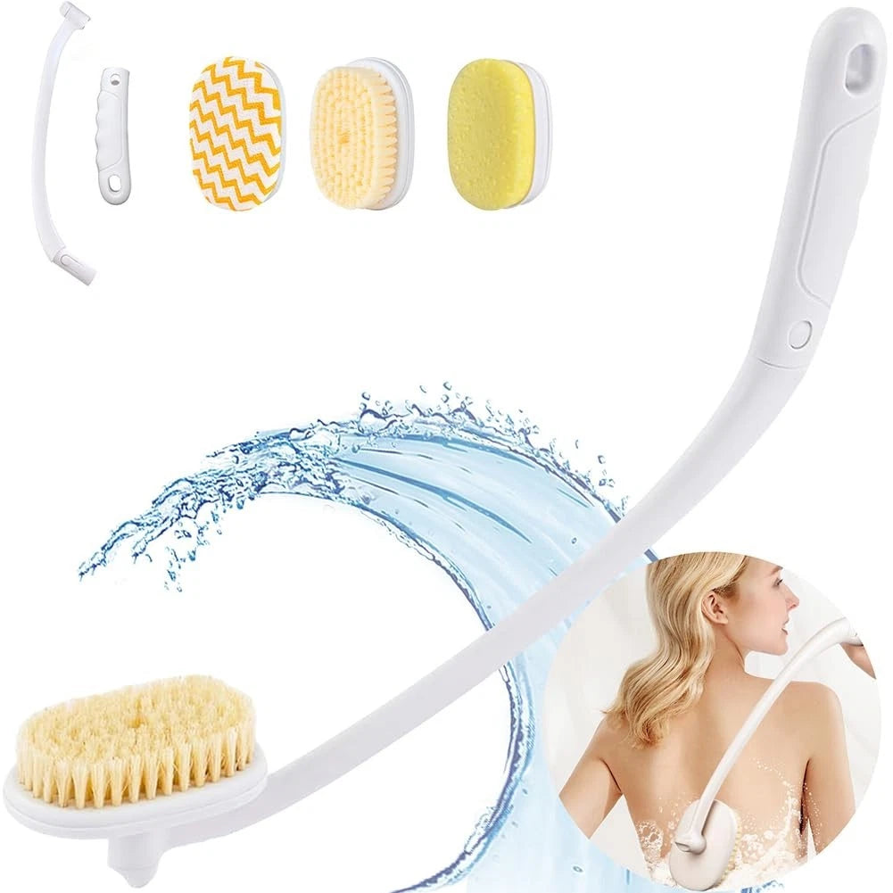Long Handle Shower Brush for Body, Back Scrubber for Shower w/ 3 Pcs Brush Heads