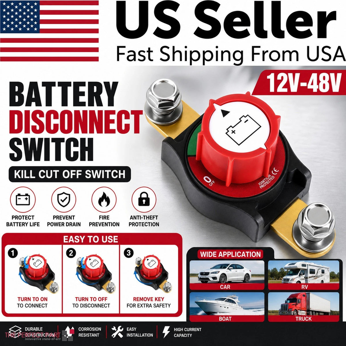 Battery Disconnect Switch Side Post 12V-48V Kill Cut Off Switch For Car RV Boat