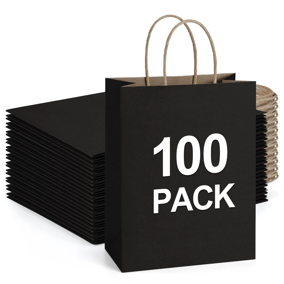 Recyclable Kraft Paper Gift Bag, 8x4.25x10.5 Inches, 100Pcs, Black, with Handles