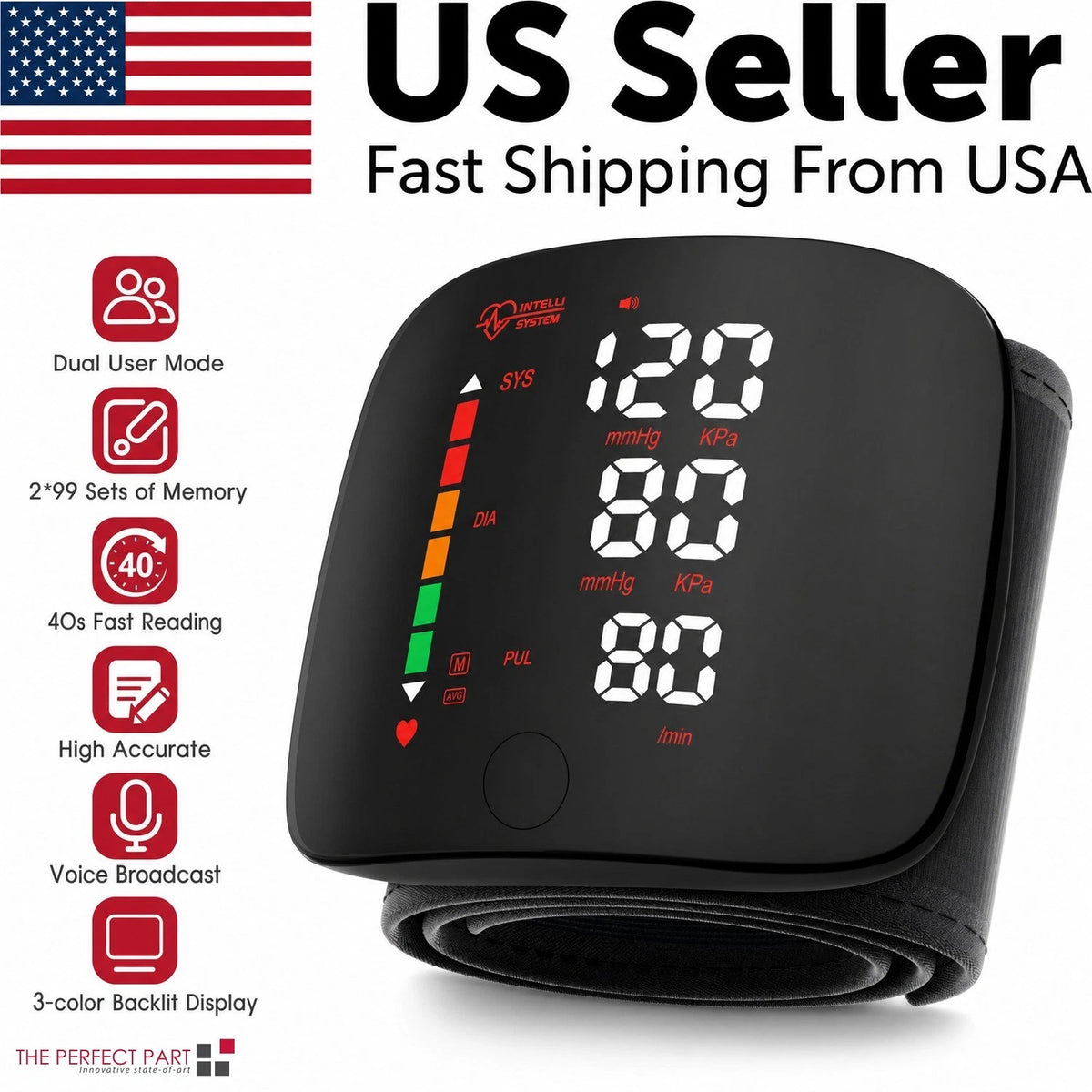 LED Blood Pressure Monitor Wrist Rechargeable Voice Broadcast Heart Rate Machine