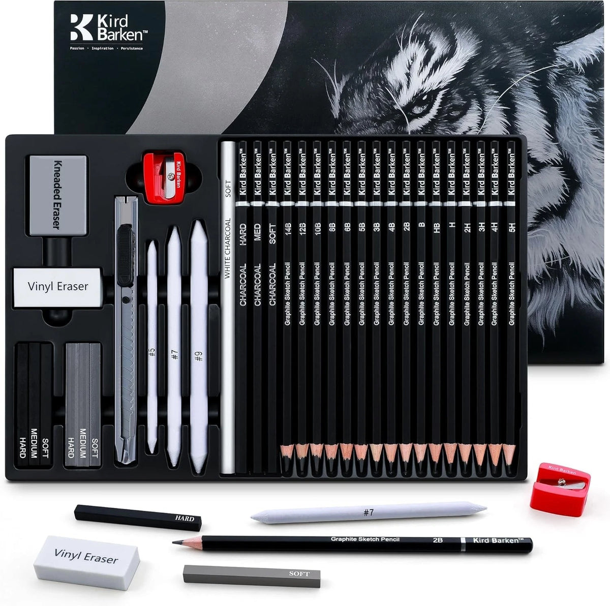 33 Piece Sketching Pencil Set - 5H to 14B Pencils, Charcoal Pencils, Charcoal St