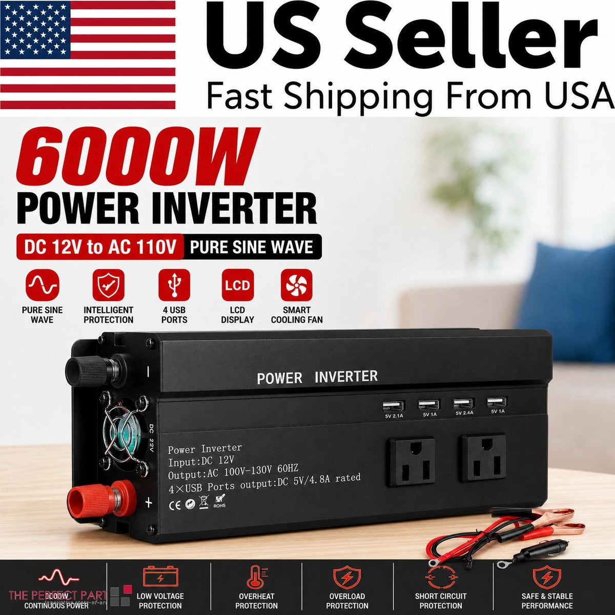 6000W Solar Converter Car Power Inverter DC 12V To AC 110V LCD Sine Wave Home RV