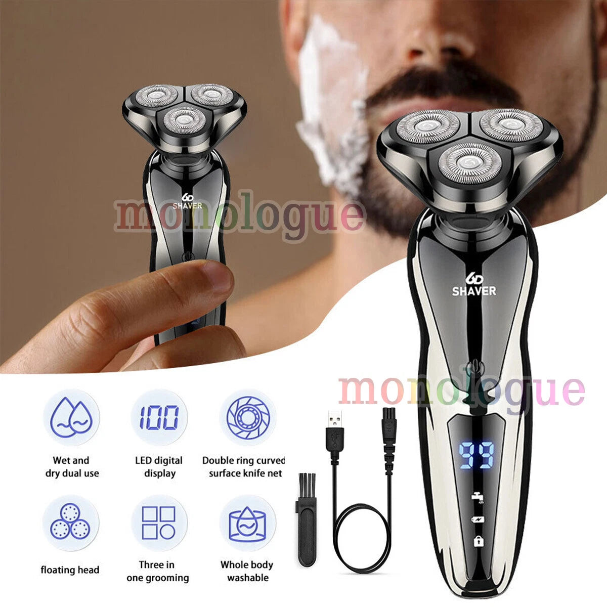 Men Wet/Dry Electric Shaver Trimmer Rotary Razor Beard Shaving USB Rechargeable