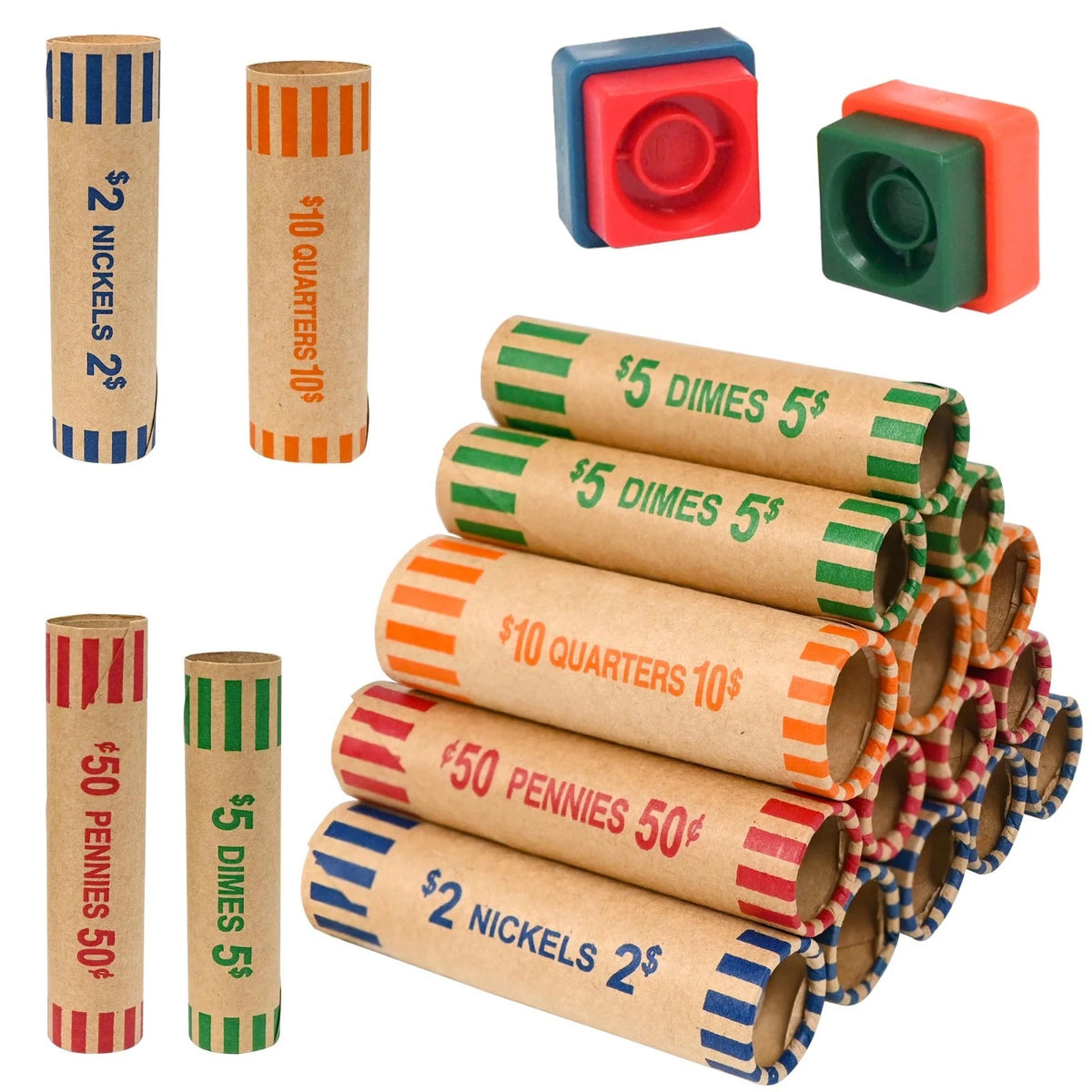 60 Assorted Coin Roll Wrappers with Color Coded Coin Wrapper Crimping Tool -(...