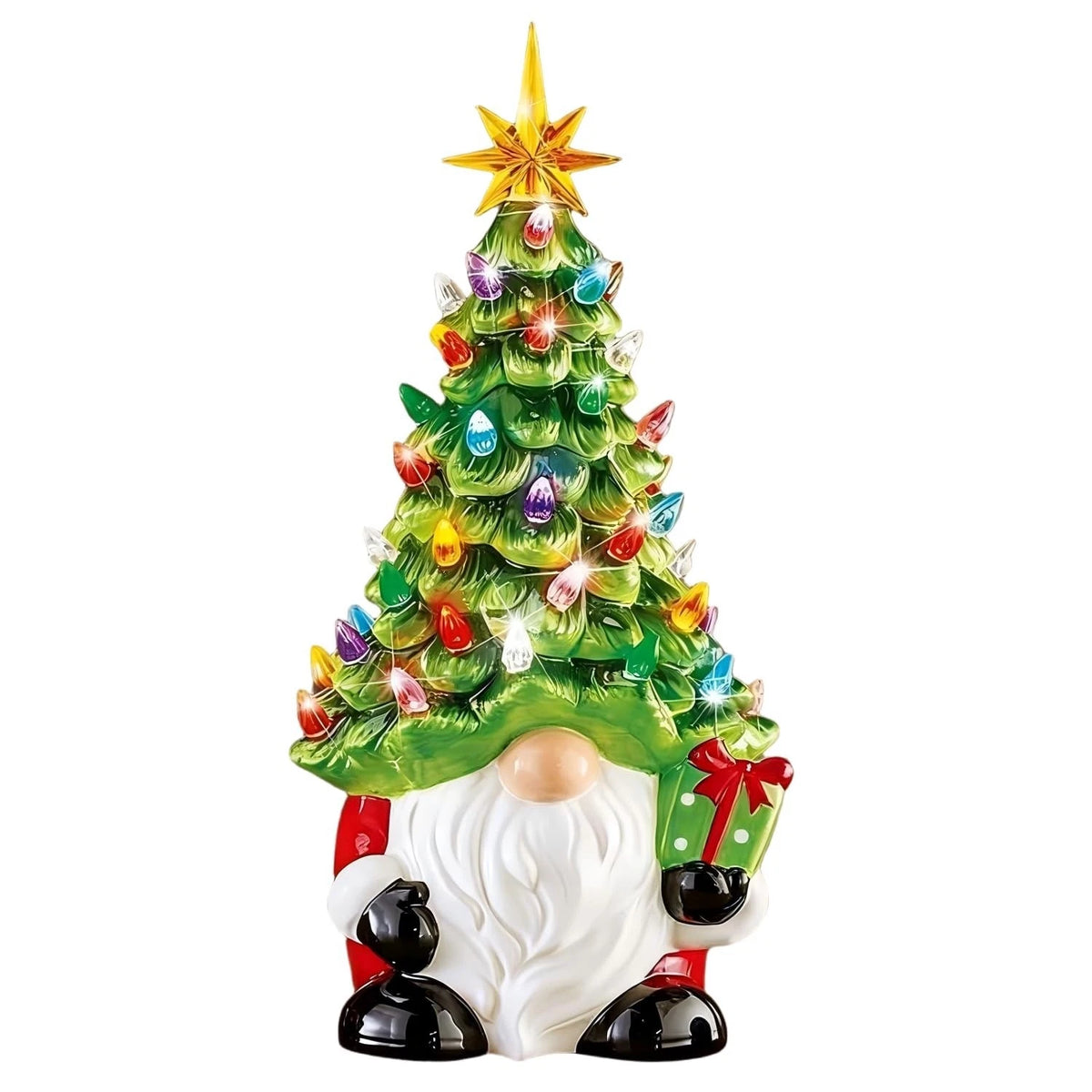 Lighted Christmas Gnome Tree, 8 Inch Faceless Old Man Ceramic Decor with Mult...