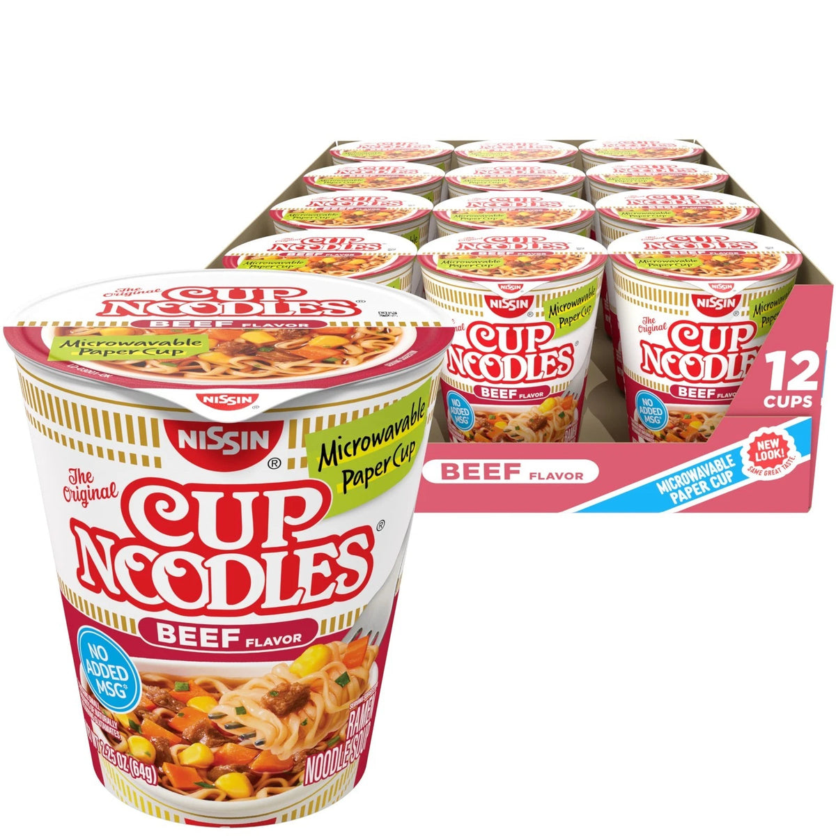Nissin Cup Noodles Soup, Beef Flavor, Microwaveable Paper Cups, Instant Ramen, 2