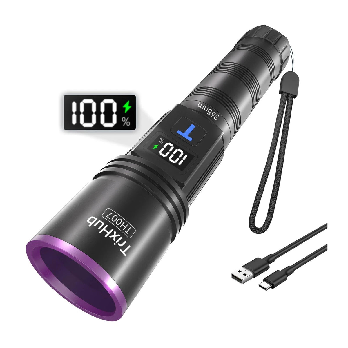 Trixhub 365Nm Black Light Flashlight, UV Flashlight Rechargeable with LCD Displa