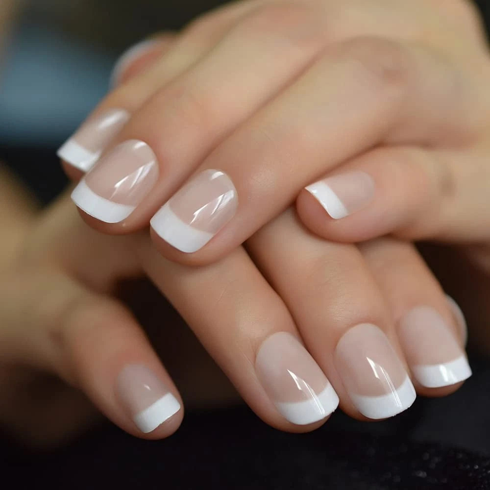 Pink Nude White French Fake Nails Squoval Square UV Gel False Press on Beige